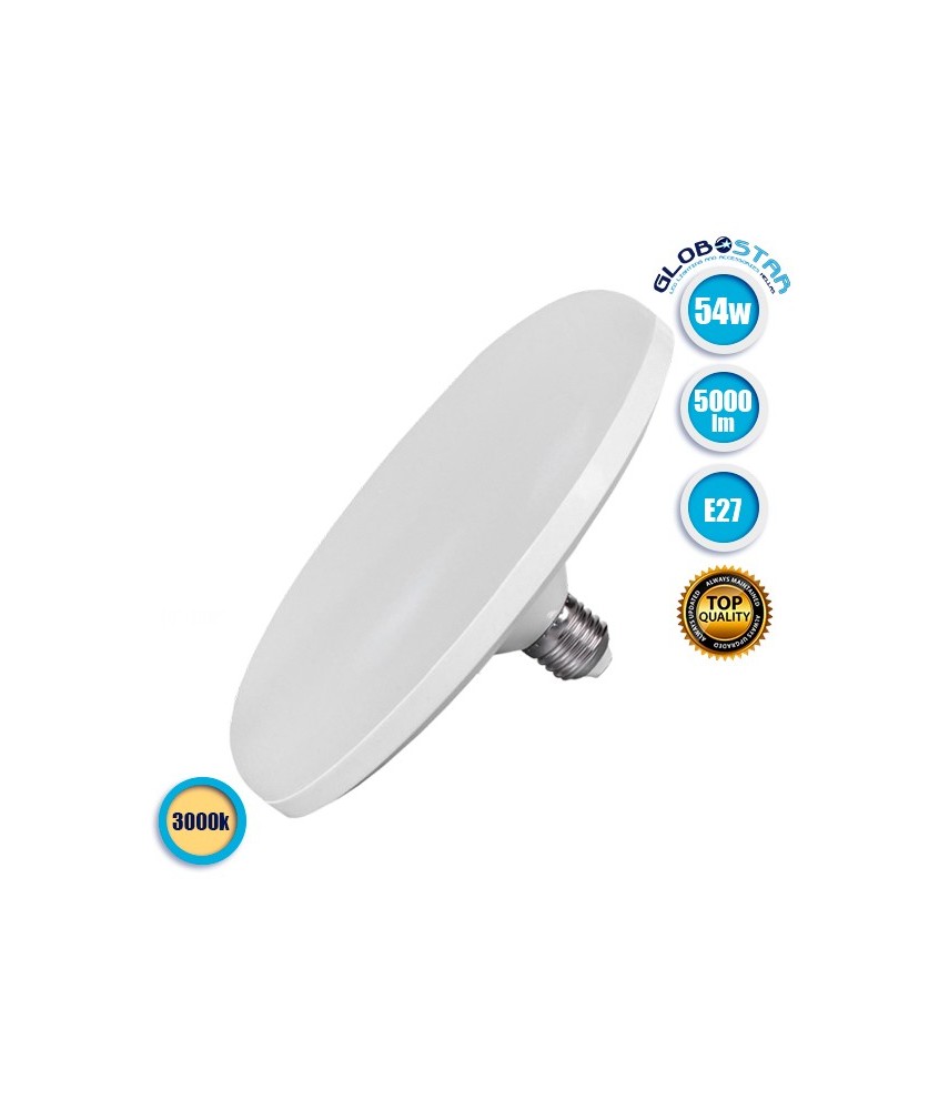 GLOBOSTAR® UFO 78024 Λάμπα E27 F220 LED 54W 5000lm 180° AC 220-240V IP20 Θερμό Λευκό 2700K - Lumileds SMD Chip - Λευκό Γαλακτερό - Μ22 x Π22 x Υ8cm - 3 Χρόνια Εγγύηση